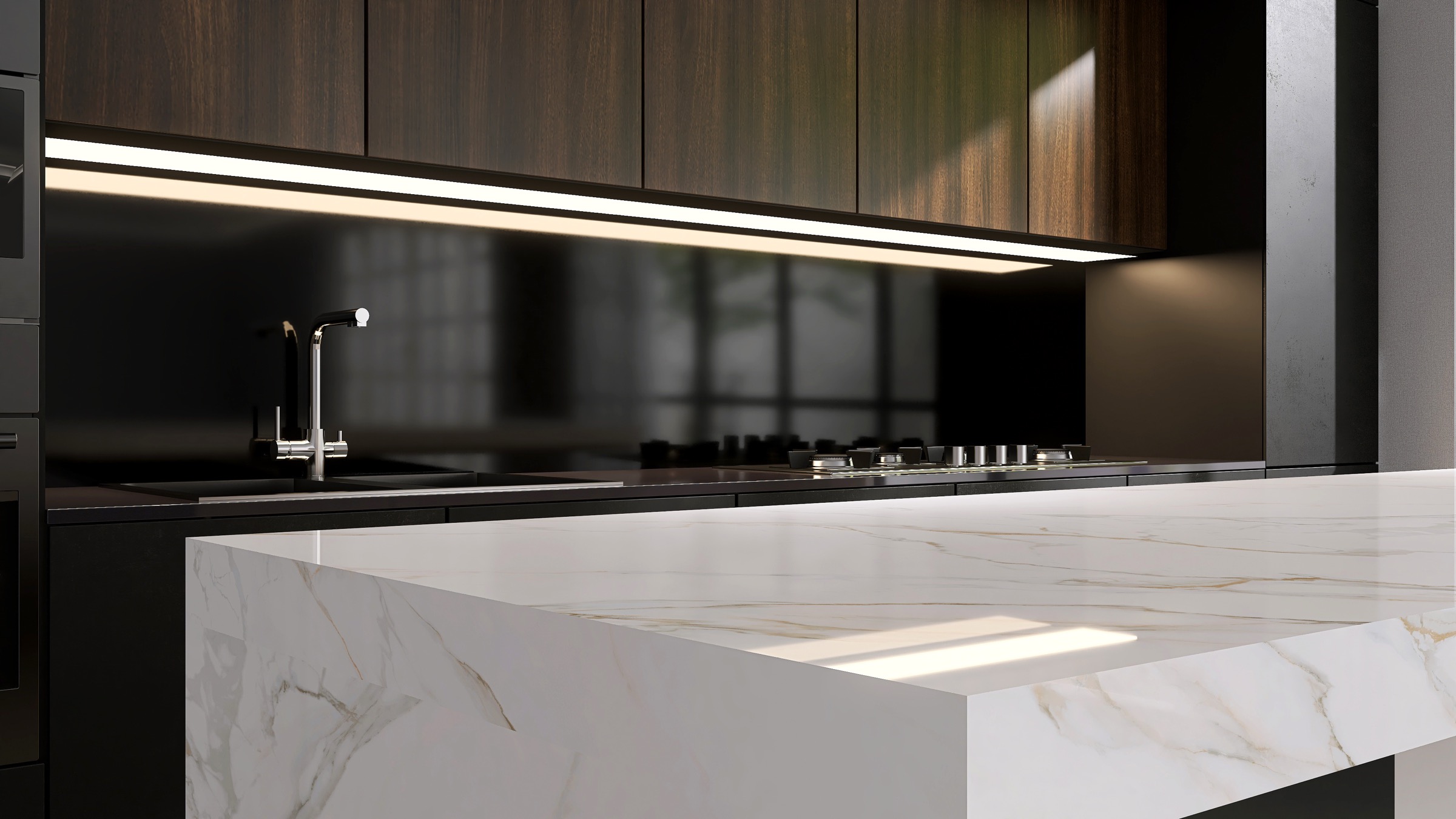 Kitchen cabinetry detail showing wood, stone and integrated lighting